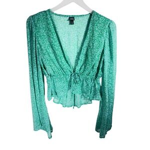 Wild Fable Floral Tie Front Bell Sleeve Crop Top Size M Green